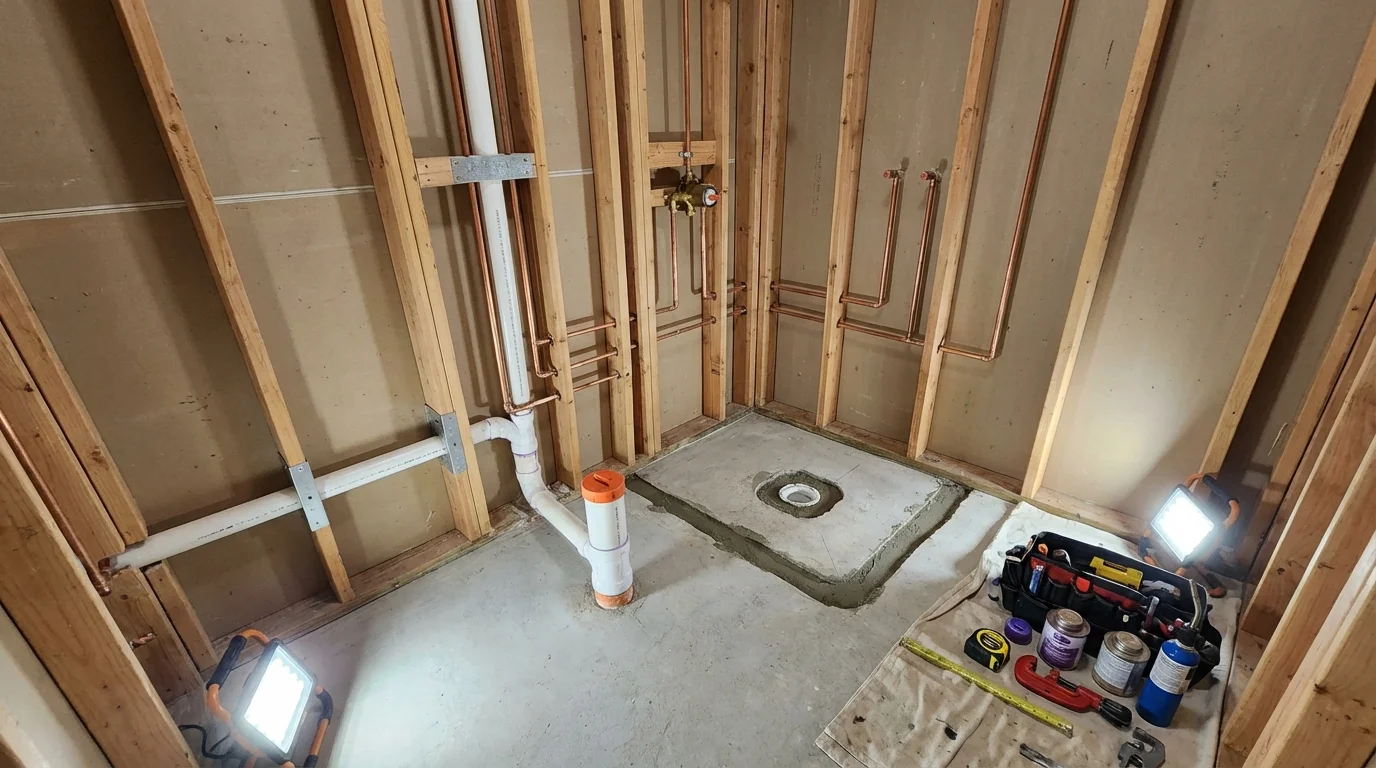 Bathroom rough-in plumbing during remodel by Johns Plumbing LLC in Talent