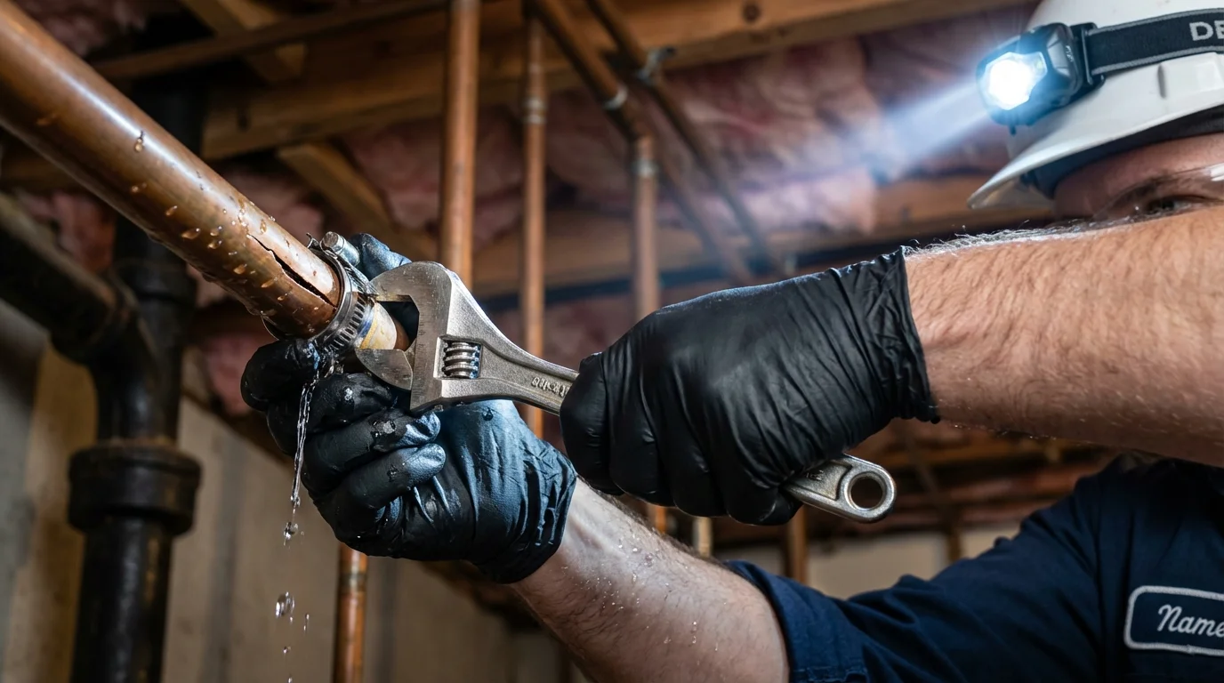 Emergency pipe clamp repair being performed by a Johns Plumbing LLC plumber in Talent