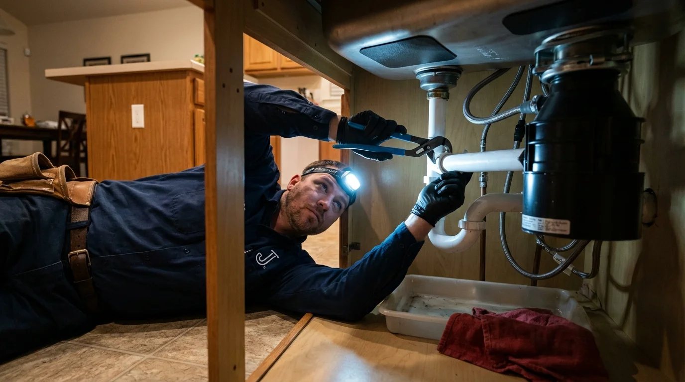 P-trap and supply line connections under a kitchen sink showing a common leak point in Talent, OR
